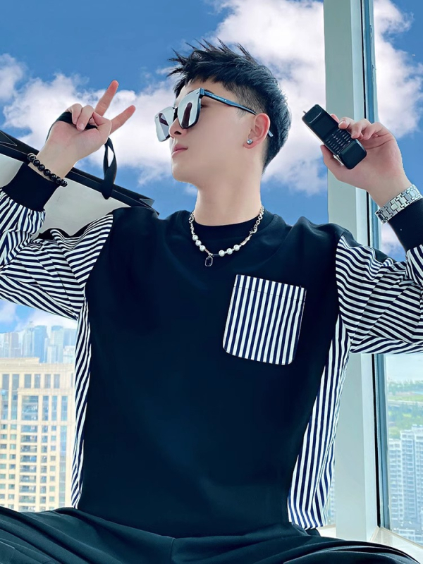 Sweatshirt cu dungi și blocuri de culoare, pentru bărbați, pulover fără guler, fără glugă, mâneci lungi, croială lejeră, amestec poliester