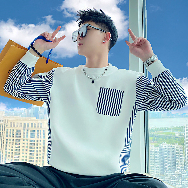 Sweatshirt cu dungi și blocuri de culoare, pentru bărbați, pulover fără guler, fără glugă, mâneci lungi, croială lejeră, amestec poliester