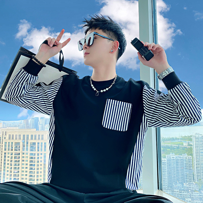 Sweatshirt cu dungi și blocuri de culoare, pentru bărbați, pulover fără guler, fără glugă, mâneci lungi, croială lejeră, amestec poliester