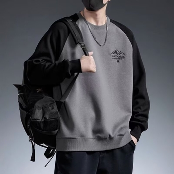 Muški hoodie s tiskom, kapuljačom, okrugli izrez, slobodan kroj, korejski stil, hongkonški gradski stil, proljeće-jesen, 96% poliester-pamučna smjesa