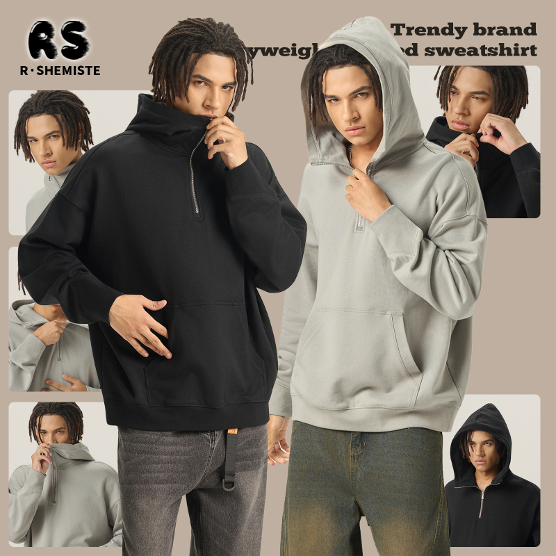 RS ανδρικό φούτερ με κουκούλα, βαμβάκι βαριάς ποιότητας (81–90%), χαλαρή γραμμή, στρογγυλός λαιμός, τρισδιάστατο τσεπάκι