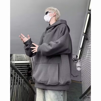 Kapucnis pulóver koreai stílusban, laza szabás, vastag viszkóz-keverék anyag (51–70%), magas gallér, panel- és varrási részletekkel kontrasztos dizájn