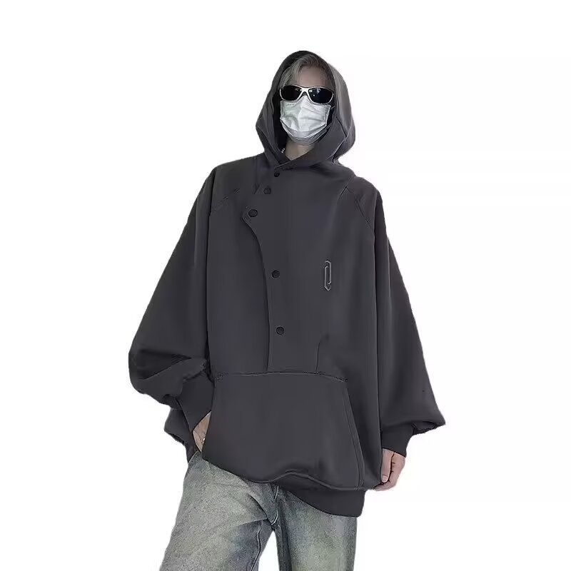 Kapucnis pulóver koreai stílusban, laza szabás, vastag viszkóz-keverék anyag (51–70%), magas gallér, panel- és varrási részletekkel kontrasztos dizájn