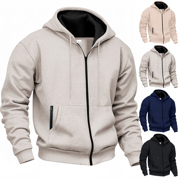 Férfi kapucnis pulóver cipzárral, velúrhatású fleece, laza szabás, oldalsó zsebek