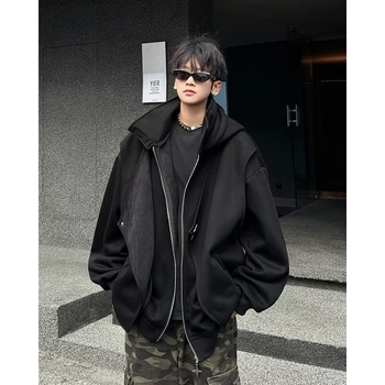 Muški hooded cardigan sweatshirt s visokim ovratnikom, česanom pamukom u smjesi, ležerni kroj, džep kangur