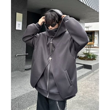 Muški hooded cardigan sweatshirt s visokim ovratnikom, česanom pamukom u smjesi, ležerni kroj, džep kangur