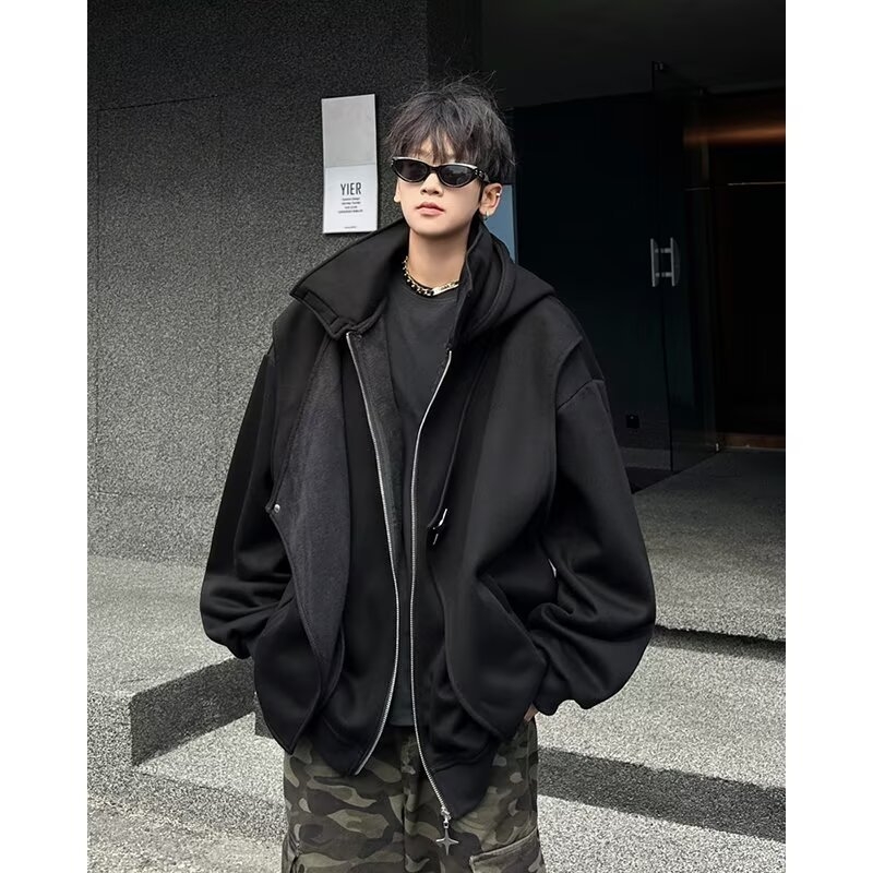 Muški hooded cardigan sweatshirt s visokim ovratnikom, česanom pamukom u smjesi, ležerni kroj, džep kangur