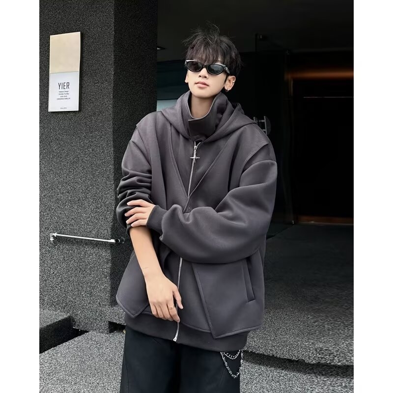 Muški hooded cardigan sweatshirt s visokim ovratnikom, česanom pamukom u smjesi, ležerni kroj, džep kangur