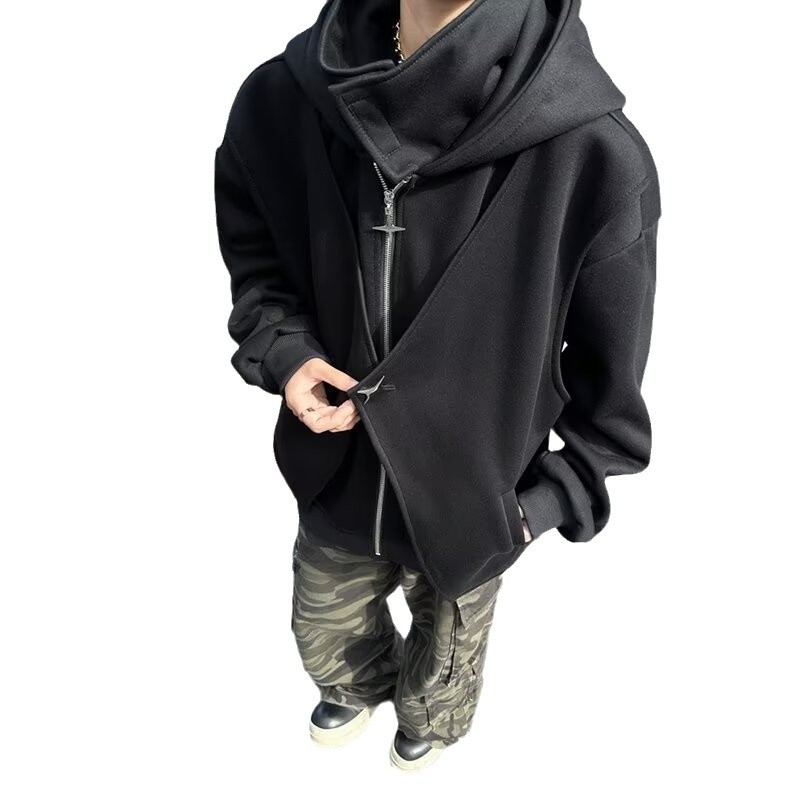 Muški hooded cardigan sweatshirt s visokim ovratnikom, česanom pamukom u smjesi, ležerni kroj, džep kangur