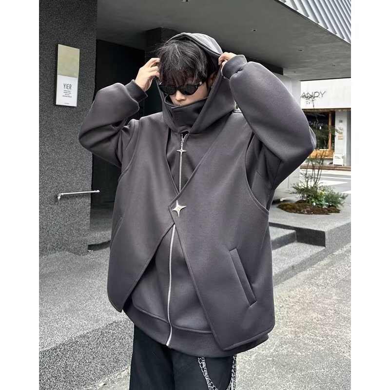 Muški hooded cardigan sweatshirt s visokim ovratnikom, česanom pamukom u smjesi, ležerni kroj, džep kangur