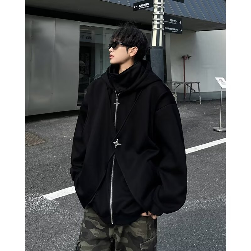 Muški hooded cardigan sweatshirt s visokim ovratnikom, česanom pamukom u smjesi, ležerni kroj, džep kangur