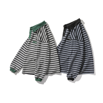 Fleece pulóver galléros, csíkos minta, fleece béléssel, lazán szabott