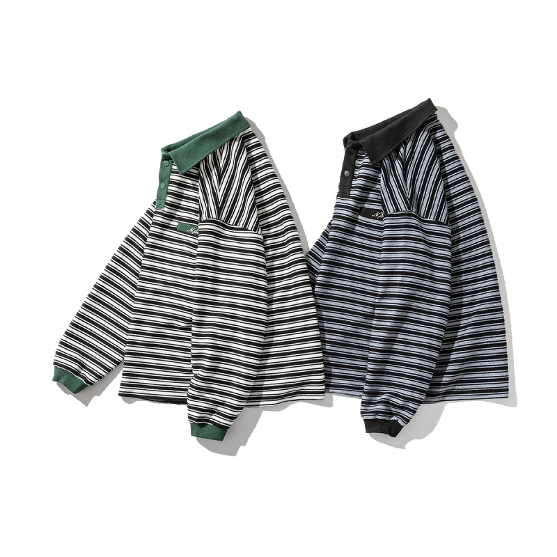 Fleece pulóver galléros, csíkos minta, fleece béléssel, lazán szabott