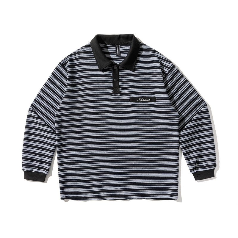 Fleece pulóver galléros, csíkos minta, fleece béléssel, lazán szabott