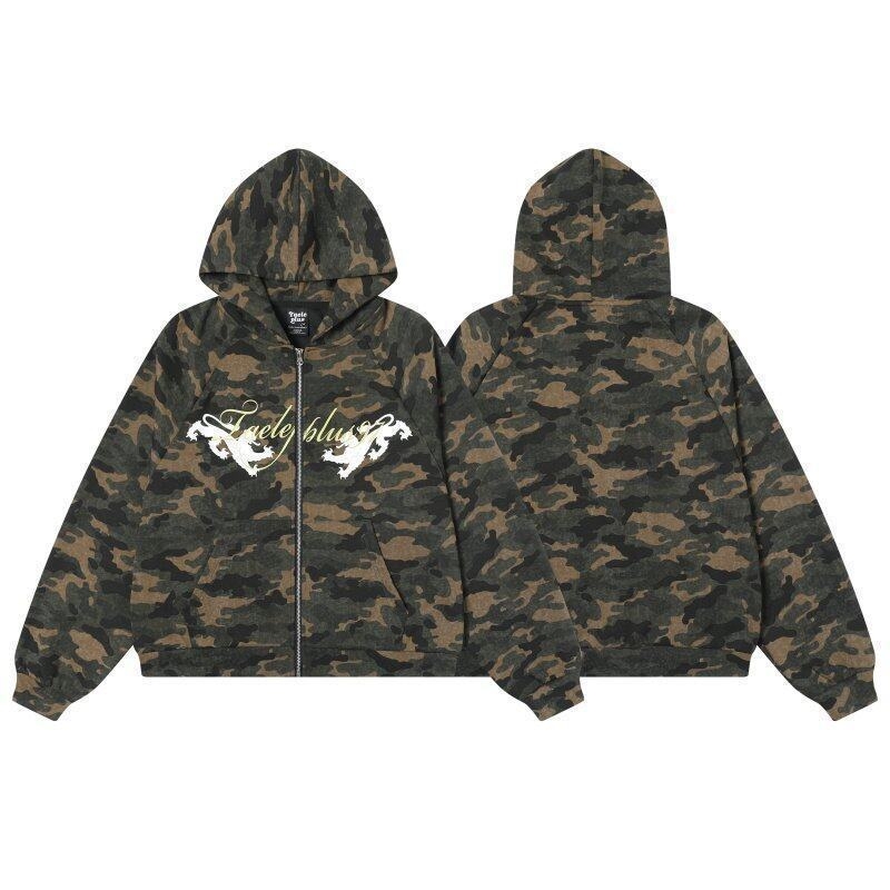 Ανδρικό φούτερ με κουκούλα – Καμουφλάζ ρετρό σχέδιο, ελαφρύ μείγμα πολυεστέρα (96%+), Άνοιξη 2025