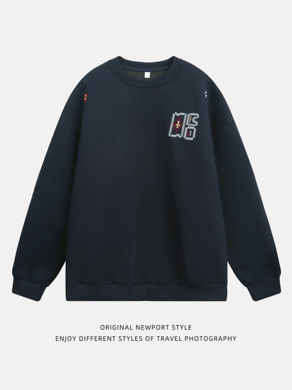 400 g teški pulover s okruglim izrezom, vezen, pamuk 51-70%, labav kroj, jesenski stil