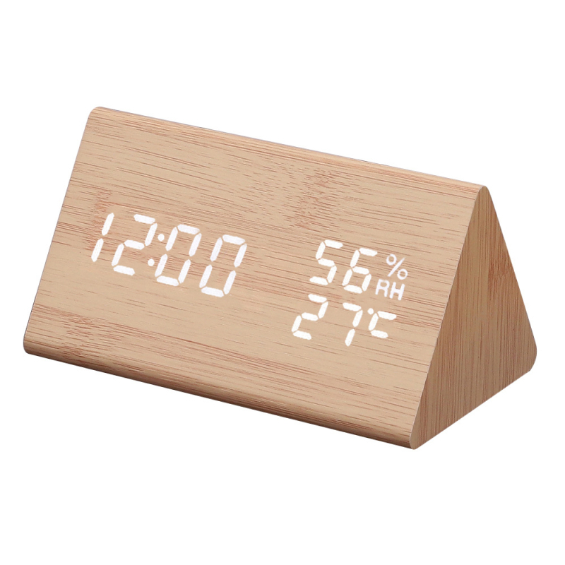 LED-es fa asztali óra hőmérővel, páratartalom-méréssel, örök naptárral, világidővel és ébresztővel