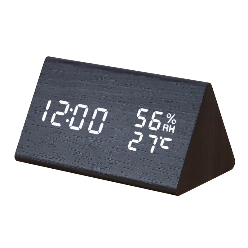 LED-es fa asztali óra hőmérővel, páratartalom-méréssel, örök naptárral, világidővel és ébresztővel