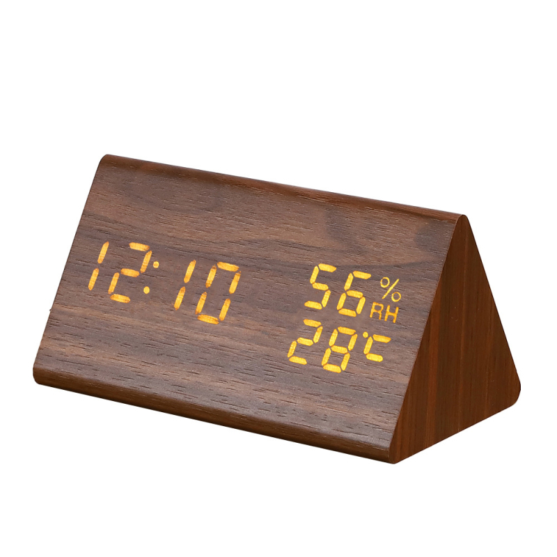 LED-es fa asztali óra hőmérővel, páratartalom-méréssel, örök naptárral, világidővel és ébresztővel