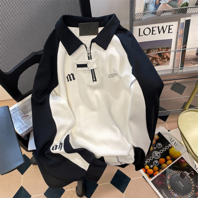 Pulover s polovičnim zipom i polo ovratnikom, stil Hong Kong (Polo ovratnik, Dugi rukavi, Poliester 96%+, Slobodan kroj)