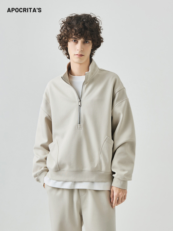 Muški flis džemper od pamukasto-mješavine, zatvarač sa stojećim ovratnikom, slobodan kroj, dizajn spajanja