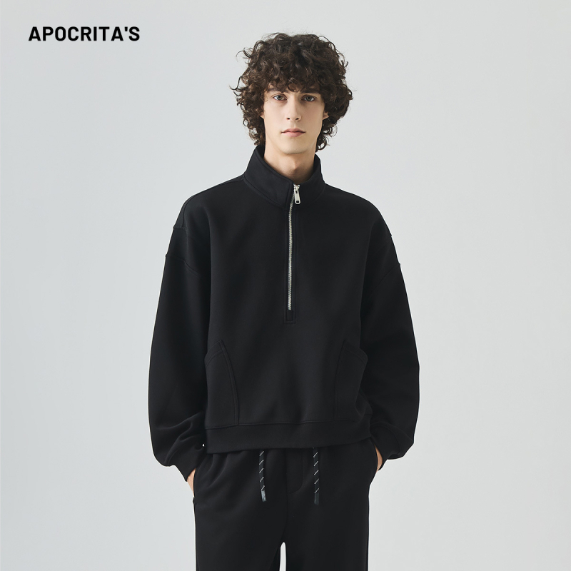 Muški flis džemper od pamukasto-mješavine, zatvarač sa stojećim ovratnikom, slobodan kroj, dizajn spajanja