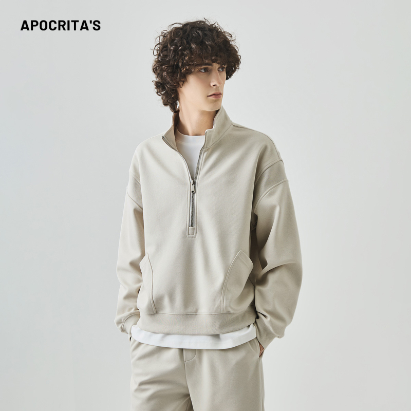 Muški flis džemper od pamukasto-mješavine, zatvarač sa stojećim ovratnikom, slobodan kroj, dizajn spajanja