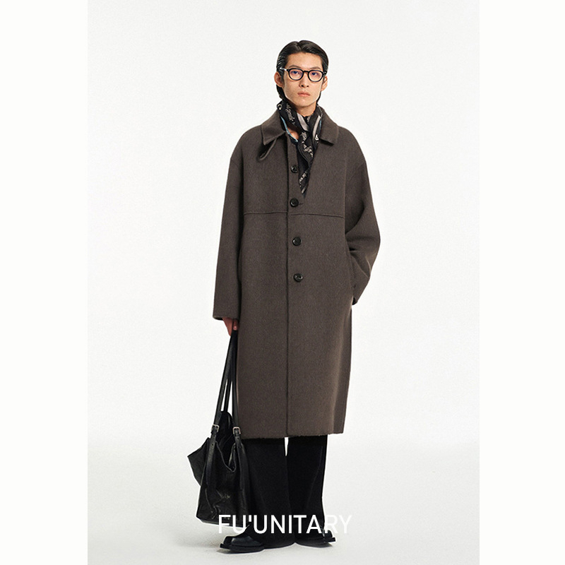 Ανδρικό μακρύ παλτό από μαλλί με αλπακά – casual πέτο, μονόμπροτ κούμπωμα, άνετη γραμμή, πλαϊνές τσέπες