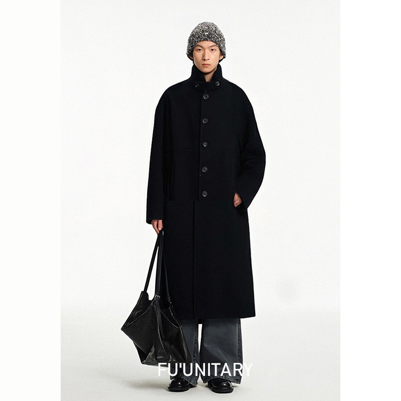 Ανδρικό μακρύ παλτό από μαλλί με αλπακά – casual πέτο, μονόμπροτ κούμπωμα, άνετη γραμμή, πλαϊνές τσέπες