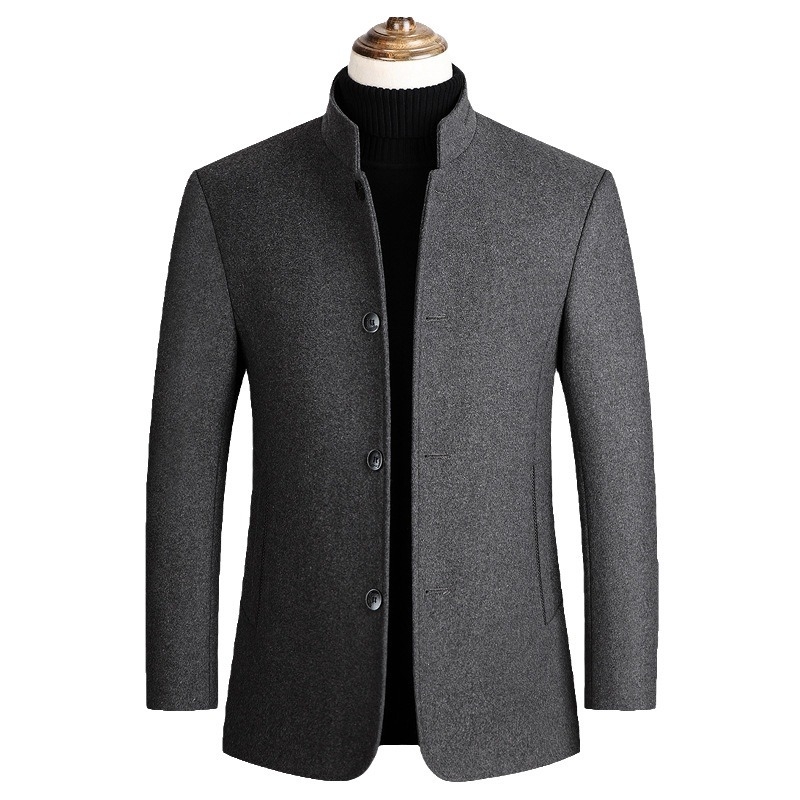 Ανδρικό Zhongshan σακάκι από μαλλί, με σταθερό γιακά, μονόκουμπωτο, παχύτερο χειμερινό εξωτερικό ένδυμα, μονόχρωμο