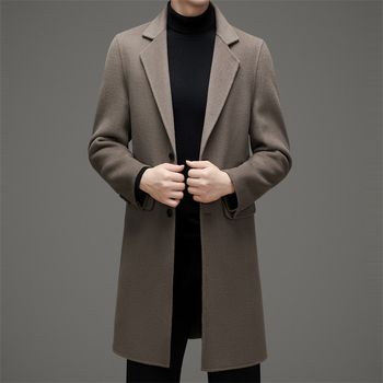 Férfi gyapjú kabát, középhosszú, könnyű üzleti stílus, testhez álló szabás, egyréses gombolás