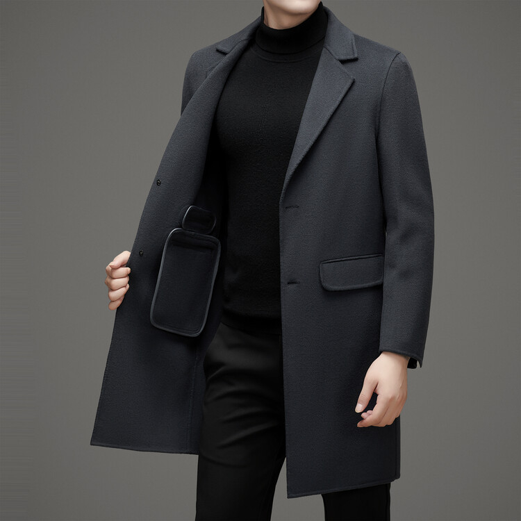 Férfi gyapjú kabát, középhosszú, könnyű üzleti stílus, testhez álló szabás, egyréses gombolás