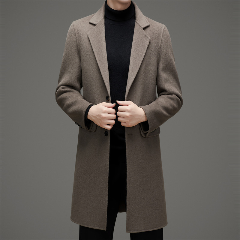 Férfi gyapjú kabát, középhosszú, könnyű üzleti stílus, testhez álló szabás, egyréses gombolás