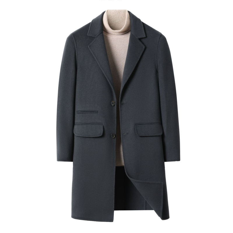 Férfi gyapjú kabát, középhosszú, könnyű üzleti stílus, testhez álló szabás, egyréses gombolás