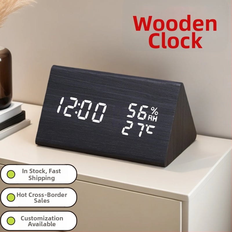 Chuangmeite Drevené LED Hodiny s teplomerom, vlhkosťou, trvalým kalendárom, svetovým časom, zobrazením 24 hodín