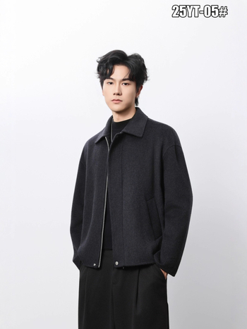Muški kratki dvostrano vuneni kaput s reverom, zatvaračem, debela tkanina, bočne džepove