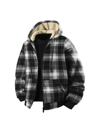 Muška jakna s kapuljom, fleece podstava, debeli karirani uzorak, zimska vanjska jakna