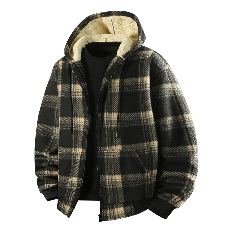 Muška jakna s kapuljom, fleece podstava, debeli karirani uzorak, zimska vanjska jakna