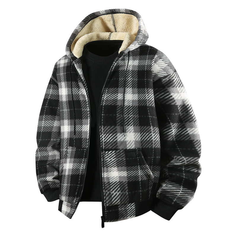 Muška jakna s kapuljom, fleece podstava, debeli karirani uzorak, zimska vanjska jakna