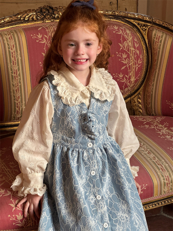 Lányoknak szóló vintage virágos hímzett felső és denim csipkés pántos ruha készlet, 100% pamut, hosszú ujjú, enzimes mosás, 3–8 éveseknek