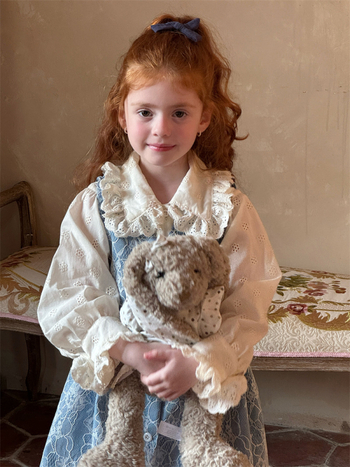 Lányoknak szóló vintage virágos hímzett felső és denim csipkés pántos ruha készlet, 100% pamut, hosszú ujjú, enzimes mosás, 3–8 éveseknek