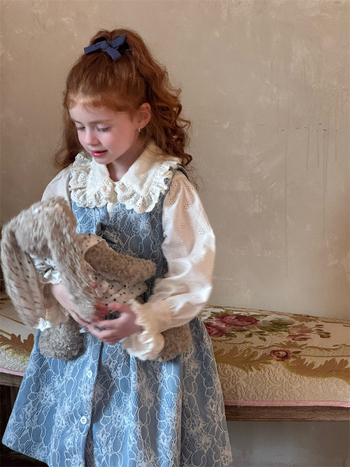 Lányoknak szóló vintage virágos hímzett felső és denim csipkés pántos ruha készlet, 100% pamut, hosszú ujjú, enzimes mosás, 3–8 éveseknek