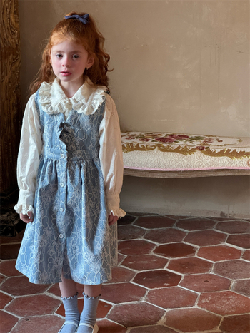 Lányoknak szóló vintage virágos hímzett felső és denim csipkés pántos ruha készlet, 100% pamut, hosszú ujjú, enzimes mosás, 3–8 éveseknek