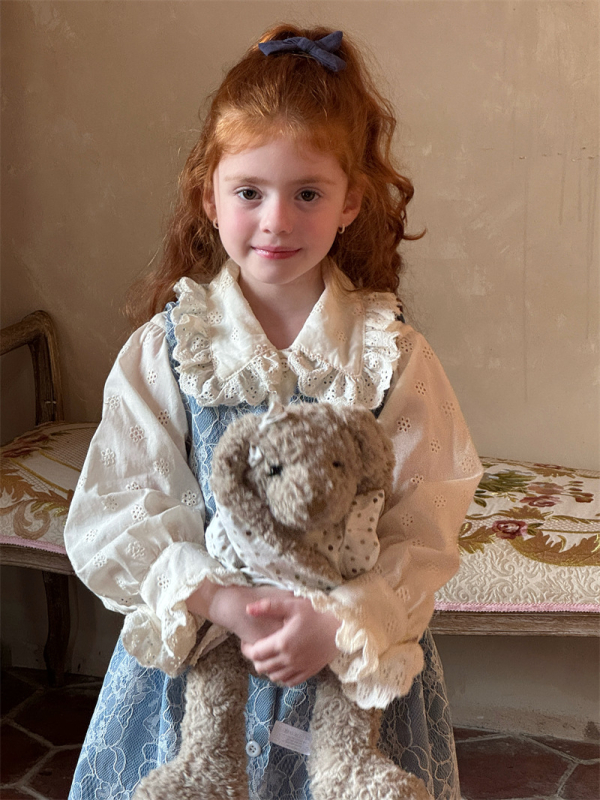 Lányoknak szóló vintage virágos hímzett felső és denim csipkés pántos ruha készlet, 100% pamut, hosszú ujjú, enzimes mosás, 3–8 éveseknek