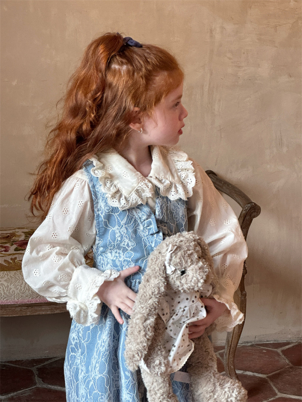 Lányoknak szóló vintage virágos hímzett felső és denim csipkés pántos ruha készlet, 100% pamut, hosszú ujjú, enzimes mosás, 3–8 éveseknek