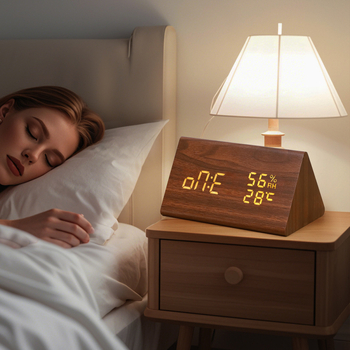 LED drevené hodiny s teplomerom, večný kalendár, meranie vlhkosti, svetový čas a budík