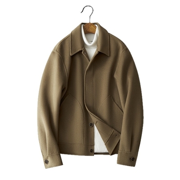 Koreai stílusú gyapjúkabát, kétoldalas, egygombos zárás, kosztüm jellegű gallér, patch zsebek