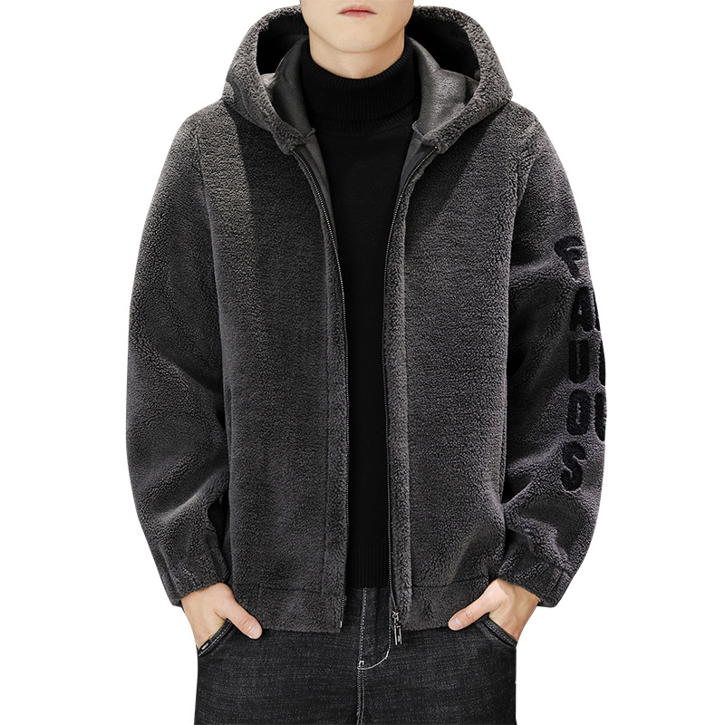 Muška jakna s kapuljačom, fleece podstava, izšivena, korejski stil, poliesterska smjesa