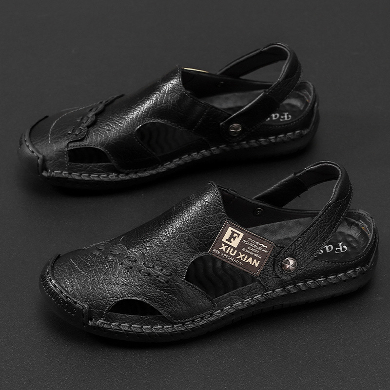 Vīriešu ādas slēgtas sandales ar gumijas zoli, sprādzes aizdare, dubult izmantojums, vasara 2025