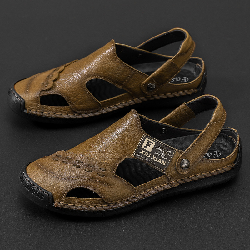 Vīriešu ādas slēgtas sandales ar gumijas zoli, sprādzes aizdare, dubult izmantojums, vasara 2025